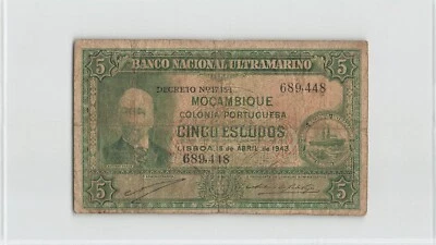 MOZAMBIQUE 5 Escudos 1943, P-89, 689,448, Circulated, Ennes Series, Scarce.  S2 - Image 1 of 2