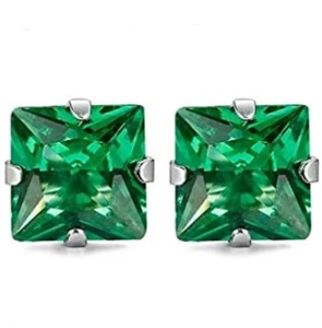3/4/5/6mm Square CZ Emerald Stud Earrings, May Birthstone Green, Stainless Steel - Picture 1 of 6