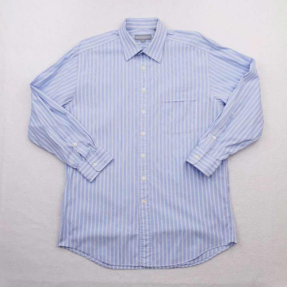 Hickey Freeman 衬衫男式 16 蓝色白色条纹纽扣圆形袖口 — 第 1/4 张图片