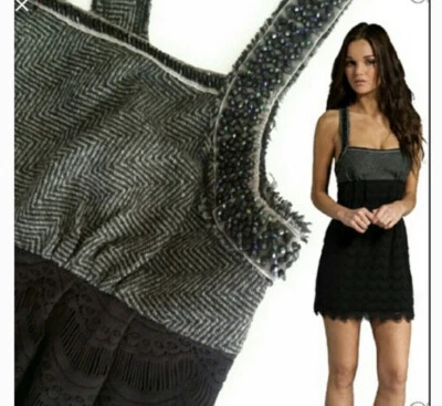 FREE PEOPLE All the Right Moves GRAY TWEED BLACK LACE BEAD MINI DRESS NEW Sz  8 - Image 1 of 4