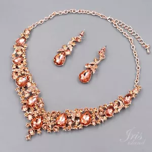 Jewelry Set Necklace Earrings Peach Crystal Rose Gold Plated Women pageant Prom - Picture 1 of 7