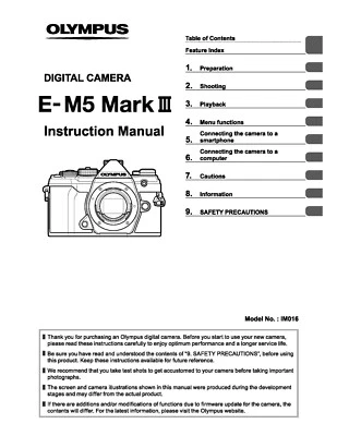 OLYMPUS OM-D E-M5 MK3 MANUALE DI ISTRUZIONI STAMPATO MANUALE UTENTE 257 PAGINE