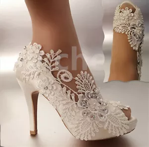 su.cheny 3 Zoll 4 Zoll Absatz Satin weiß elfenbeinfarben Spitzenperlen offene Zehe Hochzeit Braut Schuhe - Bild 1 von 11
