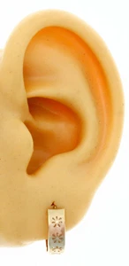 New Flower design on Multi Tone 14K Solid Gold Reversible Huggies Hoop Earrings  - Picture 1 of 5