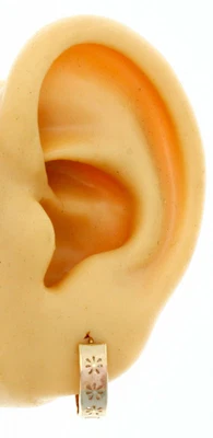 New Flower design on Multi Tone 14K Solid Gold Reversible Huggies Hoop Earrings  - Image 1 of 4