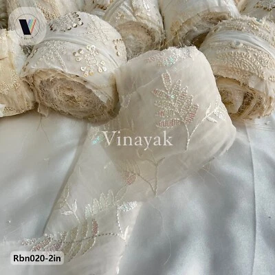 2 inc 100g White Embroidered Recycled Sari Silk ribbons, crafting wrapping decor - Image 1 of 4