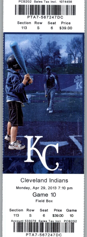 Boleto completo Cleveland Indians vs Kansas City Royals 29/04/2013  Foto 1 de 2