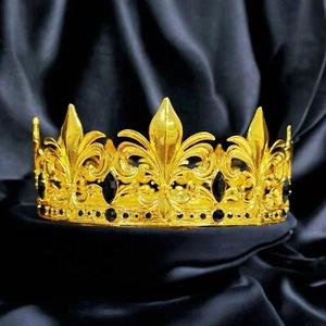 Gold Crown, Black Stones Crown, Fleur de Lis Design, Medieval Renaissance Crown - Picture 1 of 9