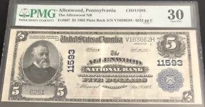 1902-$5PB-the ALLENWOOD NB, PA in PMG-30 holder. Another scarce note from PA. - Picture 1 of 6
