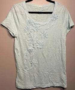 J. Crew Ribbon Flowers Tee T-shirt Size L Mint 100% Cotton Embellished EUC - Imagen 1 de 9