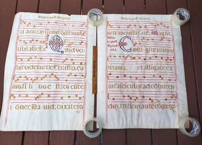 Large Pair 15thC Antiphonal Latin Music Sheet Vellum 29 x 22 Statement Decor - Image 1 of 4
