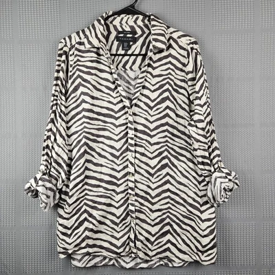 Blusa Top Tahari Para Mujer 100% Lino Estampado Animal Cebra Manga Larga Pestaña Enrollable M Foto 1 de 4