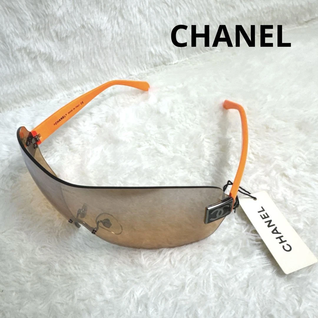 CHANEL 4111 Rimless Coco Mark Orange Brown Sunglasses Shield Frame