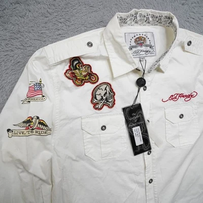 Ed Hardy Biker Shirt Mens L White Long Sleeve Embroidered Skull USA Christian Au - Image 1 of 4