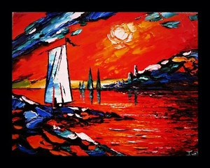 RED SUNSET PALETTE KNIFE TEXTURE OIL PAINTING ART BY IVETA - Picture 1 of 11