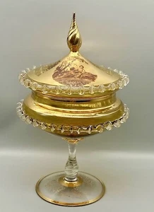 Victorian Candy Compote Amber Ornate Gold Lidded Dish Rigaree Empoli Murano - Picture 1 of 24