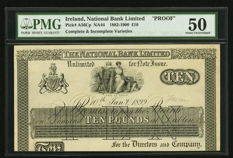 Ireland National Bank Limited 10 Pounds 10.1.1899 Pick A56Cp Proof PMG 50 AU Cover