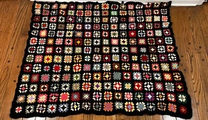 Vintage Black Afghan Multi-colored Square Black Granny Square 54x44 - Picture 1 of 7