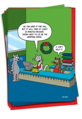 Cat Wrap - 12 Funny Christmas Cards  - Bulk Set, - Image 1 of 4