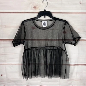 The Ragged Priest Top Womens M Black Mesh T-Shirt Sheer Crew Neck Empire Waist - Picture 1 of 6