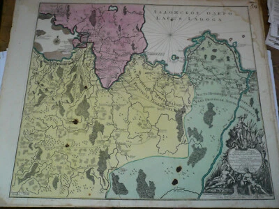 Lake Ladoga, anno 1760, Lotter T.C., map, old coloured Lake Ladoga and the Finis - Image 1 of 4