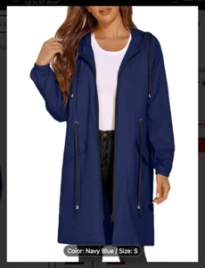 NEW Waterproof Lightweight Women's Long Rain Jacket Hooded- Navy Blue- Small - Picture 1 of 3