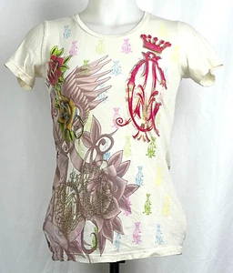 VTG Christian Audigier Rose Dagger Bling Logo Ivory T-Shirt Slim XS Made in USA - Picture 1 of 2