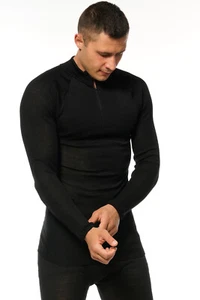 Merinowolle Herren Thermo Base Layer Langarmshirt Rollkragen Reißverschluss schwarz - Bild 1 von 3