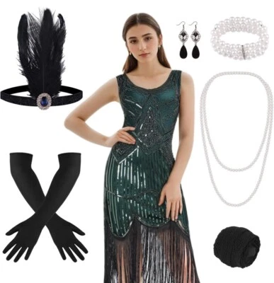 Vestido para mujer Fepito 8 piezas años 20 aleta en verde disfraz y accesorios talla pequeña Foto 1 de 4