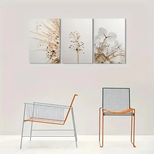 Impresión minimalista abstracta de metal con flores secas lista para colgar arte 3 piezas - Imagen 1 de 7