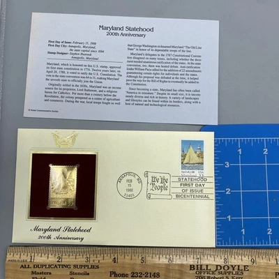 MARYLAND STATEHOOD 22kt Gold Stamps First Day Issue 22 Cent  200th Anniversary - Image 1 of 4