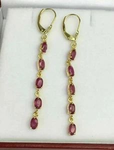 3Ct Oval Cut Lab Created Ruby Dangle Leverback Earrings 14k Yellow Gold Plated - Picture 1 of 3