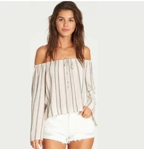 Billabong Ivory With Blue Stripes Off the Shoulder Blouse Sz L Womens - Picture 1 of 8