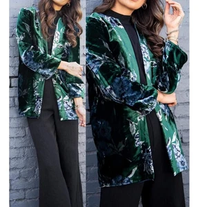 Eva Franco Green Floral Velvet Bloom Car Coat Jacket Open Front Medium - Picture 1 of 8