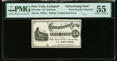 Lockport NUEVA YORK 1870. Billete de 50c Tiffany Commission Scrip moneda, PMG 55 Foto 1 de 4