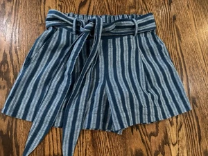 Loft Beach Women’s Linen Blend Striped Paper Bag Tie Waist Shorts White Blue XXS - Picture 1 of 9