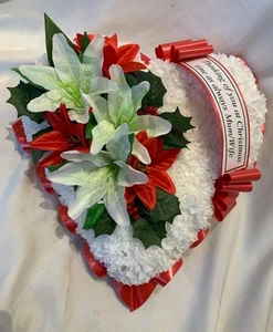 Christmas Silk Flower Heart Tribute - Lily and Poinsettia Memorial Arrangement - Picture 1 of 1