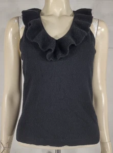 Ann Taylor black 100% Cashmere ruffled V-Neck sleeveless sweater ladies Medium - Picture 1 of 7