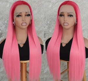 13x4 Ombre Peach Pink Red Synthetic Lace Front Wig - Long Straight, Glueless,... - Picture 1 of 4