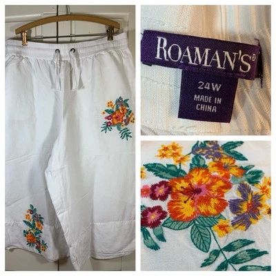 Pantalones Capris Roaman's Mezcla de Lino Mujer Talla 24W Blanco Bordado Pull On Foto 1 de 4