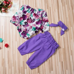 Set 3 pezzi vestiti neonato bambina pagliaccetto top pantaloni + fascia abiti costume - Foto 1 di 10