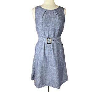 TAHARI (Size M) Blue 100% Linen Chambray Sleeveless Belted Dress Lined - Picture 1 of 3