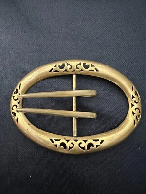 Victorian Antique Plated Gold Oval Cutout Belt Buckle Brooch Sash Pin - Image 1 of 4