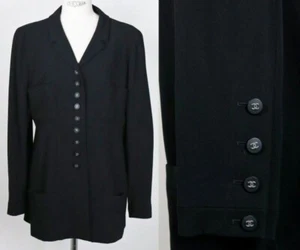 VINTAGE 96P CHANEL Women's Coco Button Wool Jacket Silk Lining Black Size 44 - Picture 1 of 10