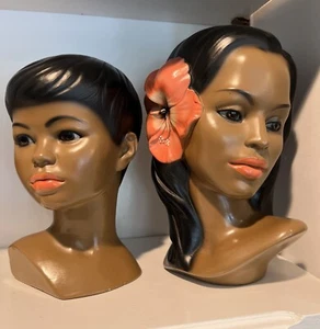 Marwal Chalkware Hawaiian Polynesian Lady Woman And Boy Head Büste Statue Vintage - Bild 1 von 9