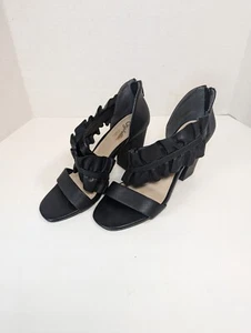 Seychelles Los Angeles Sandals Shoes Ruffles Black Leather 3" Heel Size 6.5 - Picture 1 of 11