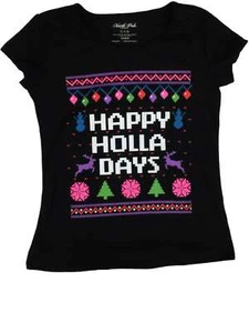 Girls Black Happy Holla Day Tee Shirt Girls Aztec Tribal Print Christmas T-Shirt - Picture 1 of 1