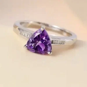 Premium Moroccan Amethyst, Diamond Trillion Ring Size 8 Platinum Plated 925 - Picture 1 of 7