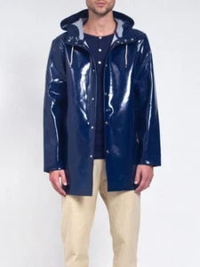 PVC Vinyl Biker Motorcycle Coat Hoodie Jacket Gothic Wetlook Waterproof Men Blue - Picture 1 of 2