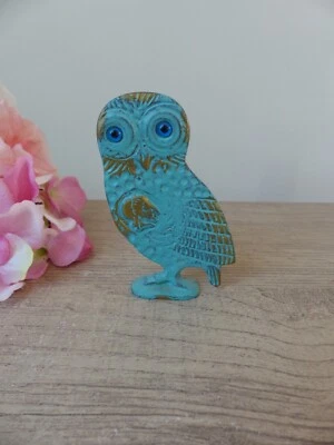 Figurine chouette plate en laiton bleu, Sculpture Chouette d'Athéna - Photo 1/4